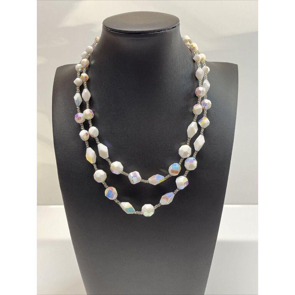 Vendome double strand beaded necklace AB Coating Milk Glass Beads Vintage   A196